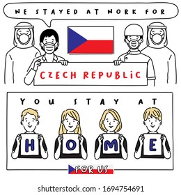 Covid-19 quotes from hospital workers with national flag : Czech Republic : I stayed at work for you, You stay at home for us. : Vector Illustration