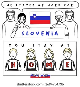 Covid-19 quotes from hospital workers with national flag : Slovenia : I stayed at work for you, You stay at home for us. : Vector Illustration