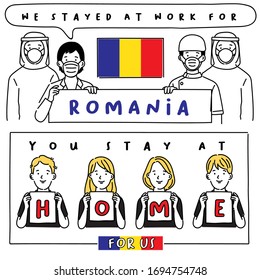 Covid-19 quotes from hospital workers with national flag : Romania : I stayed at work for you, You stay at home for us. : Vector Illustration