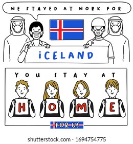 Covid-19 quotes from hospital workers with national flag : Iceland : I stayed at work for you, You stay at home for us. : Vector Illustration