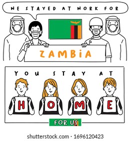 Covid-19 quotes from hospital workers with national flag : Zambia : I stayed at work for you, You stay at home for us. : Vector Illustration