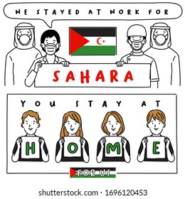 Covid-19 quotes from hospital workers with national flag : Sahara : I stayed at work for you, You stay at home for us. : Vector Illustration
