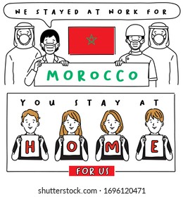 Covid-19 quotes from hospital workers with national flag : Morocco : I stayed at work for you, You stay at home for us. : Vector Illustration
