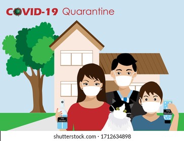 COVID-19 qurantine. Family in front of house wearing sugical face mask holding alcohol gel to protect from COVID-19 corona virus spreading. Idea for COVID-19 quarantine lockdown and prevention.