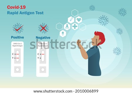 Covid-19 rapid antigen ATK test kit in positive and negative result. Man using nasal swab stick test in his nose. Medical equipment technology develop smart and easy solution for patient diagnostic.