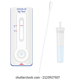 Covid-19 Rapid Antigen test. Coronavirus swap sample in lysis buffer, strip with reagents, result with antigen molecules. Vector Illustration.