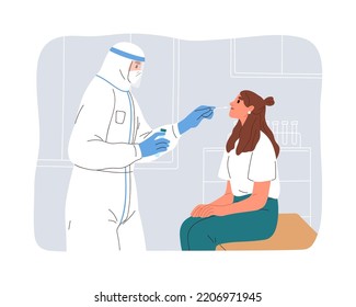 Covid-19 rapid antigen test. Patient during collecting nasal swab from nose in hospital for coronavirus check, corona lab research. Flat graphic vector illustration isolated on white background