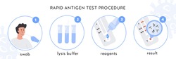 Covid-19 Rapid Antigen Test Procedure Infographic. A Doctor Takes Nasal Swab From Male Patient. Coronavirus Swap Sample In Lysis Buffer, Strip With Reagents And Result With Antigen Molecules. Vector.