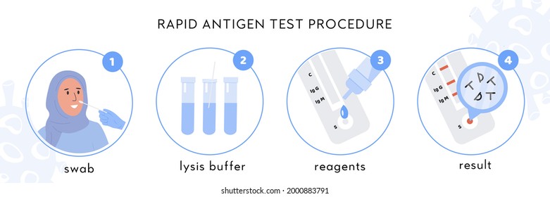 Covid-19 Rapid Antigen test procedure Infographic. A doctor takes nasal swab from muslim female patient. Coronavirus swap sample in lysis buffer, strip with reagents, result with antigen molecules. 