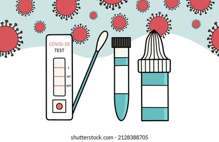 Covid-19 rapid antigen test vector illustration clipart. Test tube and cotton swab for express coronavirus test. Medical tools for COVID-19 antibody test.