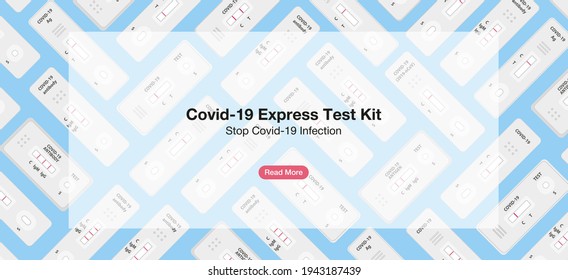 Covid-19 rapid express test kit banner background. Coronavirus antibody medical test kits on blue background. Website design page landing template. Health care medicine equipment. Flat vector icons