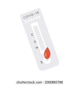 Kit de análisis rápido Covid-19 con gota de sangre. Instrucción para la prueba de anticuerpos coronavirus Express. Icono para el proceso de detección de Corona con muestra de sangre. Ilustración vectorial aislada en el fondo.