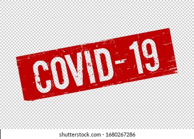 Covid-19 red square rubber seal stamp on transparent background. Retro Icon. Coronavirus infection sign. Vector illustration