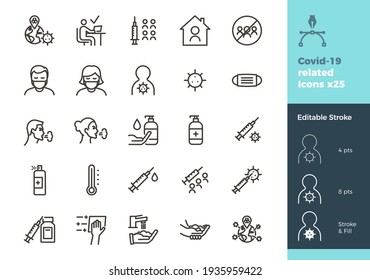 Covid-19 related icons. 25 different coronavirus, flu, sickness, medical and health and home working in lockdown graphic elements. Thin outline minimal illustrations.