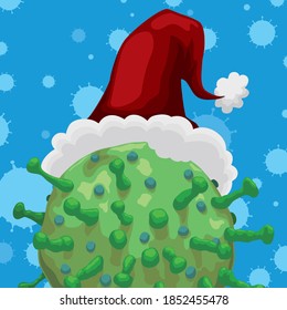 COVID-19 representation wearing a festive Santa's hat over snowfall with coronavirus silhouettes, promoting awareness during Christmas holidays.