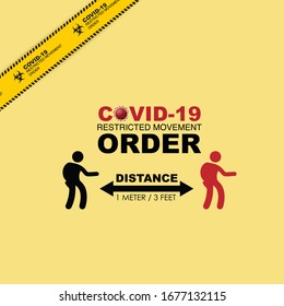 Covid19 restricted movement order, stickman with 1 meter social distance as prevention concept due to partial lockdown.