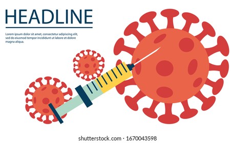 Covid-19. Sars disease, coronaviruses. The coronavirus causes the severe illness SARS . Big syringe. Vector illustration in a flat cartoon style. 