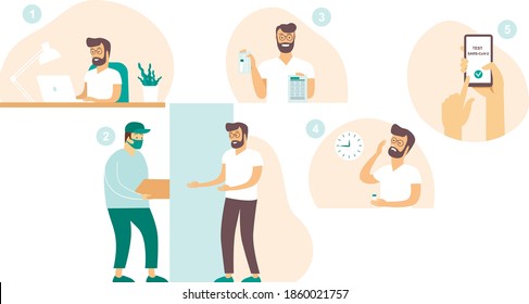 Covid-19 SARS-cov-2 PCR swab test homekit instructions. Young man takes coronavirus test at home himself. Flat vector illustration