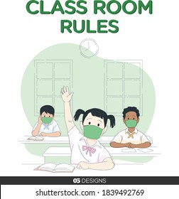 COVID-19 School classroom rules- prevention class room, student with mask, mask is necessary, Bask to school routine mask, social media template corona virus, 2nd wave, second wave covid precautions