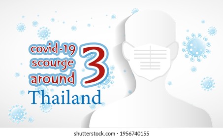 covid-19 scourge around 3  thailand  text. human head  wear mask  to protect from covid-19 virus outbreak spreading.