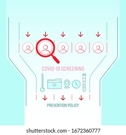 Política de detección y prevención del covid-19. Diseño plano de esquema de ilustración vectorial.