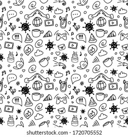 Covid-19 seamless doodle pattern, cartoon set of objects and symbols about Internet and Social Media during quarantine. Vector. White background