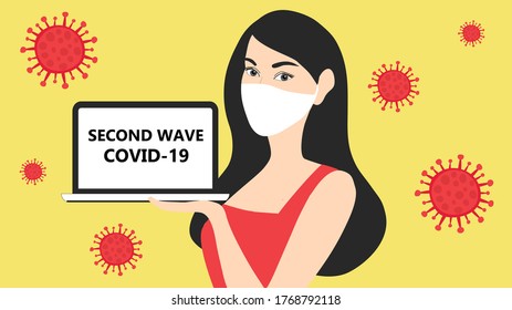 Covid-19 second wave beautiful woman wearing face mask to prevent from covid-19 coronavirus disease outbreak vector illustration