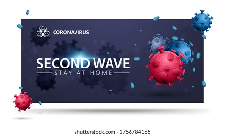 COVID-19, Second Wave Konzept. Blauer Banner mit rosa und blauen 3D-Coronavirus-Molekülen. 3D-Banner mit modernem Design. Coronavirus 2019-nCoV