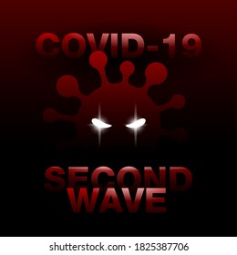 COVID-19 second wave poster in creepy horror movie style - cartoon virus with eyes that shine in darkness - medical virus outbreak illustration