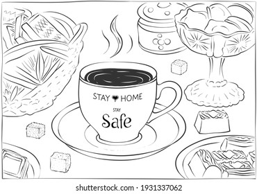 Covid-19 self isolation card with motivational words, cup of tea or coffee and confectionary. Outline hand drawn design.