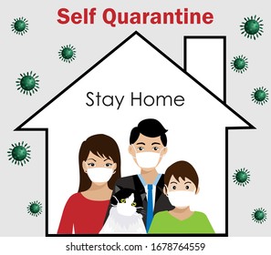 COVID-19 self quarantine concept. Family and cat wearing surgical face mask stay at home during city lock down to prevent COVID-19 spreading. Idea for COVID-19 corona vius outbreak and quarantine.