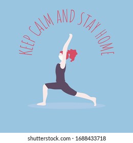 COVID-19 self quarantine. Standing in anjaneyasana pose. Beautiful girl with red hair in mask does yoga. Meditation wellness vector art. Self isolation during coronavirus. Keep Calm and stay home.