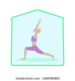 COVID-19 self quarantine. Standing in anjaneyasana pose. Beautiful girl with pink hair in mask stay at home does yoga. Meditation wellness vector illustration. Self isolation during coronavirus.
