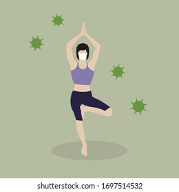 COVID-19 self quarantine. Standing in vrikshasana pose. Beautiful girl brunette in mask doing yoga. Meditation wellness vector art. Self isolation during coronavirus. Exercise for body and soul.