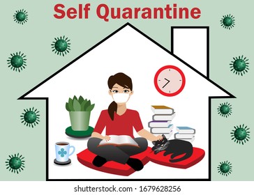 COVID-19 self quarantine. Woman and cat wearing surgical face mask stay at home during city lock down to prevent COVID-19 corona virus. Idea for COVID-19 outbreak ,quarantine and social distancing.