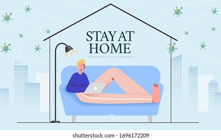 COVID-19 self-quarantine promotion banner in flat style, with a blonde man sitting on sofa casually using laptop to prevent potential infection out of doors