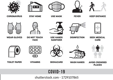 Covid-19. Set of icons on the theme of coronavirus. Stay home, my hands more often, new toilet paper, bacteria, avoid contact, use gloves. Vector