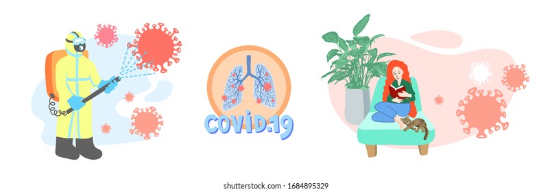 covid-19 set - a man in overalls disinfects, woman during quarantine at home and hand lettering inscription, coronavirus vector illustration collection
