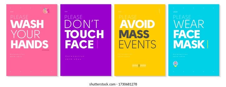 COVID-19. A set of vector posters in a minimalistic style. Wash your hands, Do not touch your face, avoid mass events, Wear face mask.