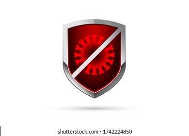 Covid-19 Schild. Schild das Coronavirus. Abschirmung Covid-19. Schutz gegen Coronavirus. Stoppt das Coronavirus. Kein Covid-19. Prävention von Krankheiten Metal aussehende Vektorgrafik eines isolierten Schildes. 