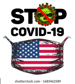 Covid-19 Sign. Coronavirus. Covid Virus. Medical Mask With USA Flag