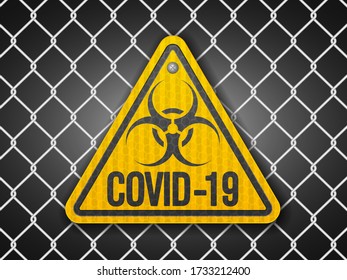 Covid-19 sign on wire fence background. Vector illustration.