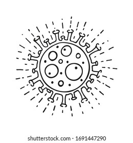covid-19 Single hand drawn coronavirus molecule icon. In doodle style, black outline isolated on a white background. Element for card, poster, social media banner, sticker, logo. Vector illustration.