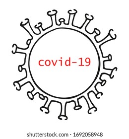Covid-19 Single Hand Drawn Coronavirus Molecule Icon. In Doodle Style, Black Outline Isolated On A White Background. Element For Card, Poster, Social Media Banner, Sticker, Logo. Vector Illustration.