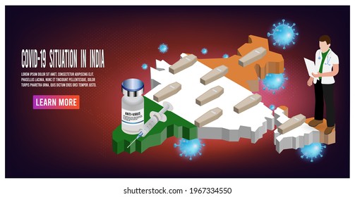 COVID-19 situation in India background contains such Icons as vaccine, Funeral Coffin, Syringe, medicine and virus. 
Easy to edit and customize. Vector illustration eps 10