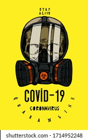 Covid  19 skull in gas mask  Coronavirus quarantine t  shirt print  Stay alive concept vector illustration 