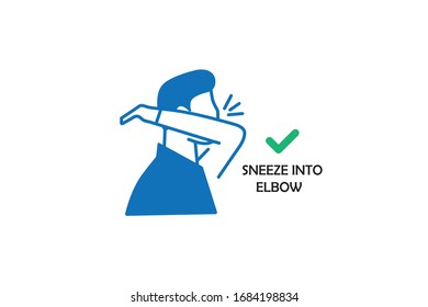 Covid-19 Sneeze or Cough into your elbow, not your hands to avoid, prevent spreading germs and viruses, icons, vector illustration.