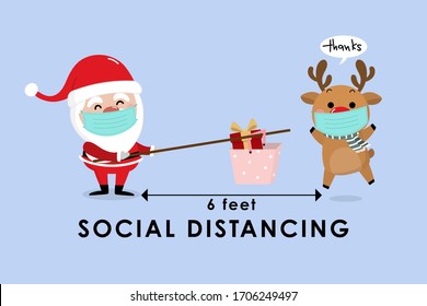 COVID-19 and social distancing with cute Christmas cartoon character. Santa Claus with a gift in the basket and reindeer with surgical mask in flat style. Corona virus protection. -Vector