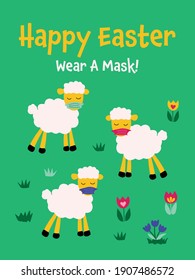 COVID-19 and social distancing Easter infographic with cute sheep wearing protective face mask. Happy Easter funny greeting card vector template. Animal holidays cartoon character. Coronavirus design