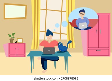 COVID-19 social distancing.  Idea for COVID-19 outbreak and quarantine. Woman at her home and her boyfriend stay apart talking on tablet,wearing surgical face mask to prevent COVID-19 coronavirus. 